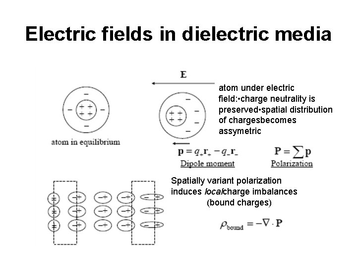 Electric fields in dielectric media atom under electric field: • charge neutrality is preserved