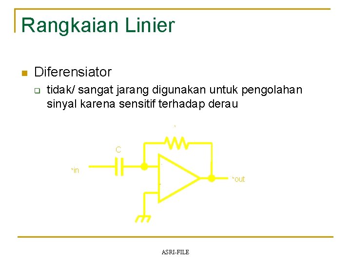 Rangkaian Linier n Diferensiator q tidak/ sangat jarang digunakan untuk pengolahan sinyal karena sensitif