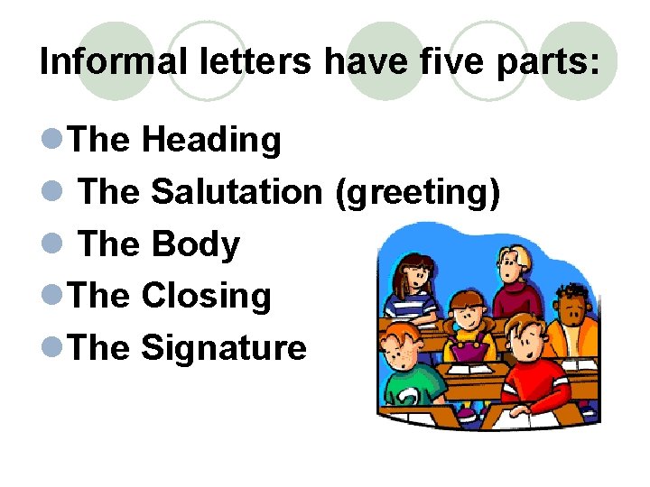 Informal letters have five parts: l. The Heading l The Salutation (greeting) l The