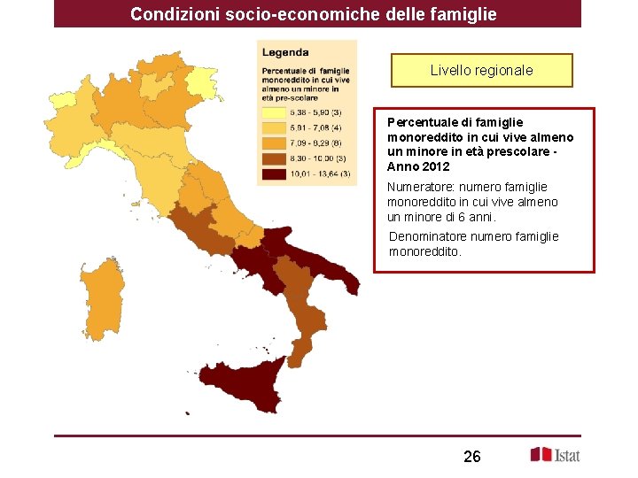 Condizioni socio-economiche delle famiglie Livello regionale Percentuale di famiglie monoreddito in cui vive almeno