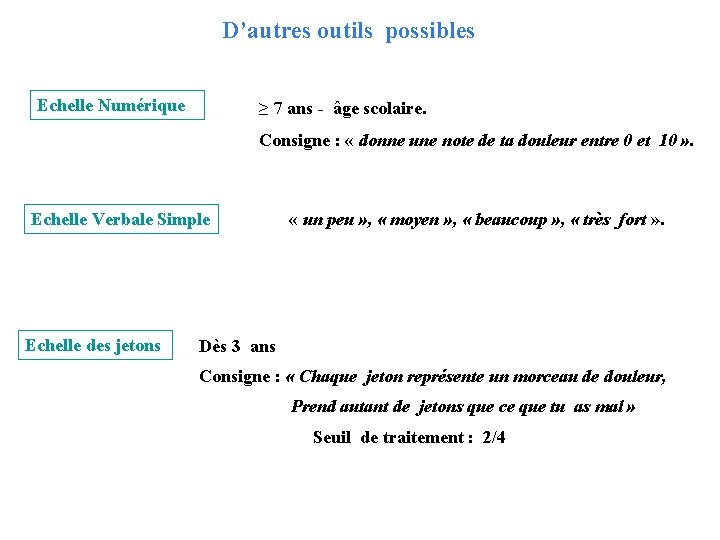 D’autres outils possibles Echelle Numérique ≥ 7 ans - âge scolaire. Consigne : «