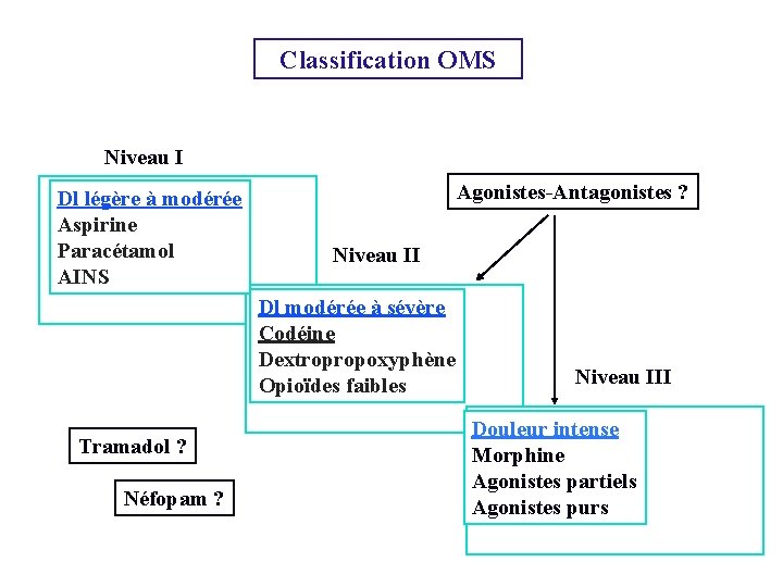 Classification OMS Niveau I Dl légère à modérée Aspirine Paracétamol AINS Agonistes-Antagonistes ? Niveau