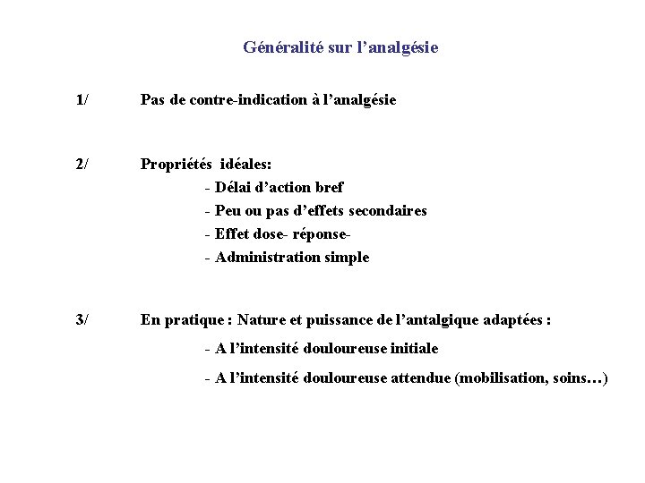 Généralité sur l’analgésie 1/ Pas de contre-indication à l’analgésie 2/ Propriétés idéales: - Délai