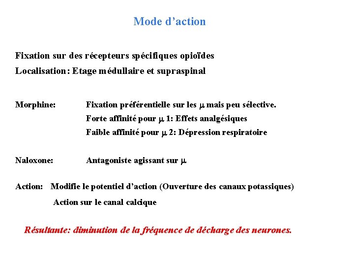 Mode d’action Fixation sur des récepteurs spécifiques opioïdes Localisation: Etage médullaire et supraspinal Morphine: