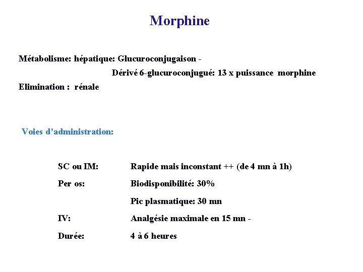 Morphine Métabolisme: hépatique: Glucuroconjugaison Dérivé 6 -glucuroconjugué: 13 x puissance morphine Elimination : rénale