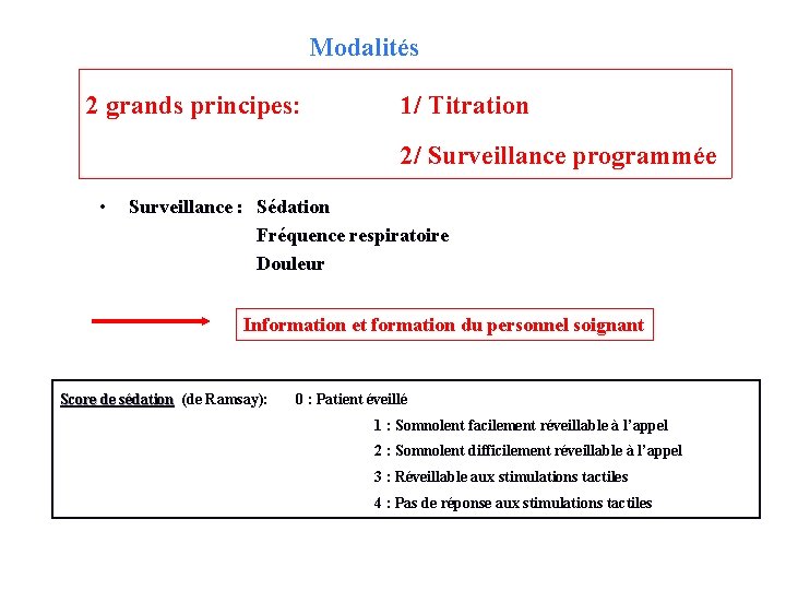 Modalités 2 grands principes: 1/ Titration 2/ Surveillance programmée • Surveillance : Sédation Fréquence