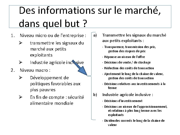 Des informations sur le marché, dans quel but ? 1. Niveau micro ou de