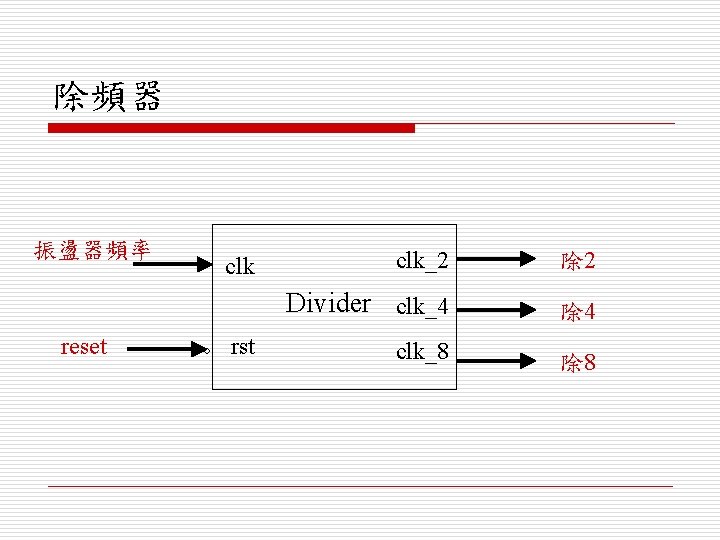 除頻器 振盪器頻率 reset clk ○ rst clk_2 除 2 Divider clk_4 除 4 clk_8