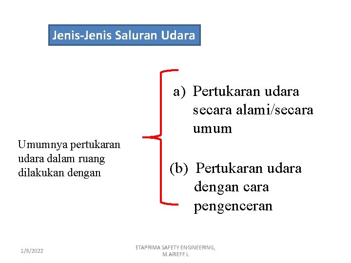 Jenis-Jenis Saluran Udara a) Pertukaran udara secara alami/secara umum Umumnya pertukaran udara dalam ruang