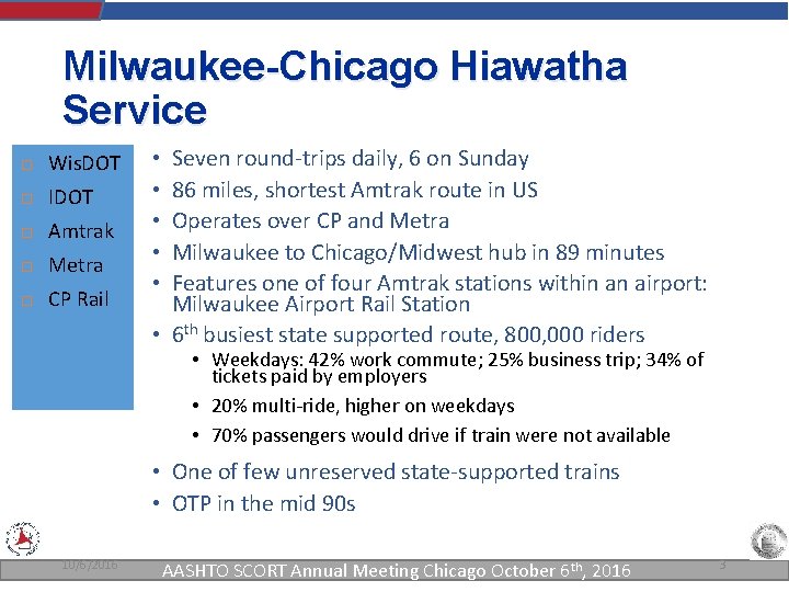 Milwaukee-Chicago Hiawatha Service Wis. DOT IDOT Amtrak Metra CP Rail Seven round-trips daily, 6 Milwaukee-Chicago Hiawatha Service Wis. DOT IDOT Amtrak Metra CP Rail Seven round-trips daily, 6