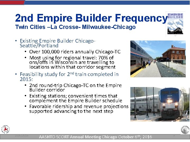 2 nd Empire Builder Frequency Twin Cities –La Crosse- Milwaukee-Chicago • Existing Empire Builder 2 nd Empire Builder Frequency Twin Cities –La Crosse- Milwaukee-Chicago • Existing Empire Builder