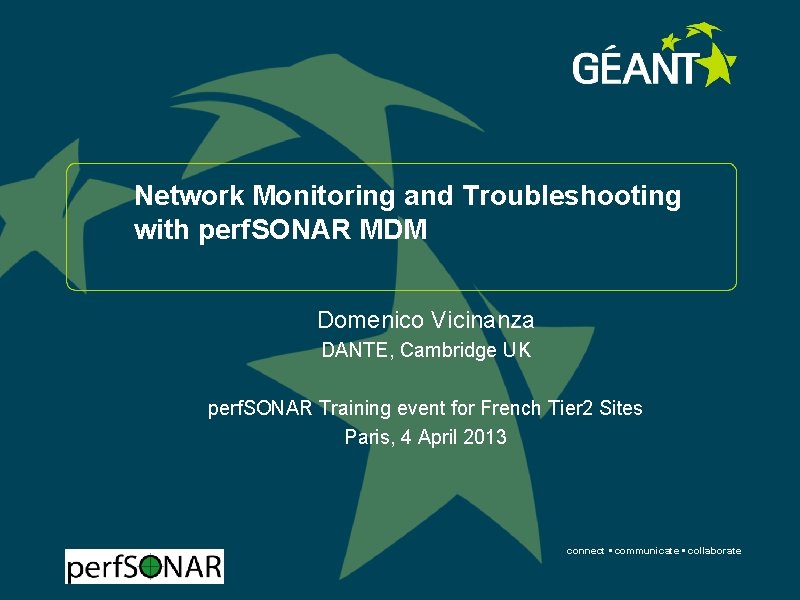 Network Monitoring and Troubleshooting with perf. SONAR MDM Domenico Vicinanza DANTE, Cambridge UK perf.