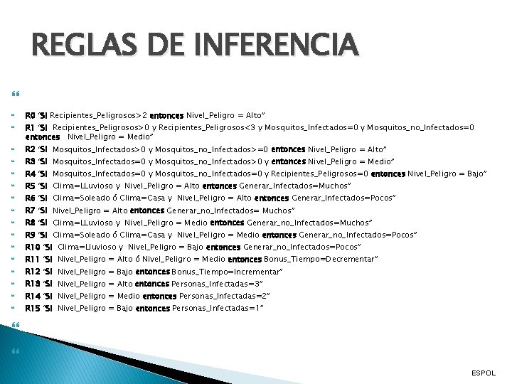 REGLAS DE INFERENCIA R 0 “Si Recipientes_Peligrosos>2 entonces Nivel_Peligro = Alto” R 1 “Si