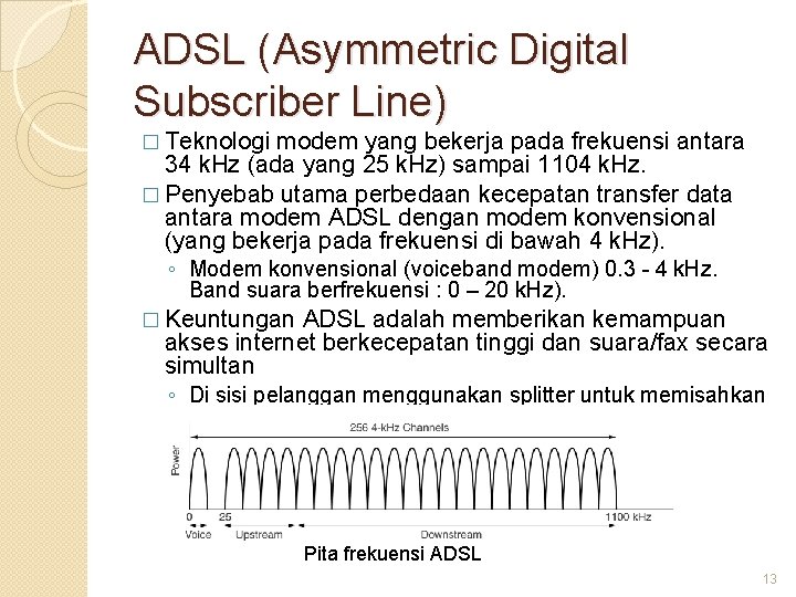 ADSL (Asymmetric Digital Subscriber Line) � Teknologi modem yang bekerja pada frekuensi antara 34