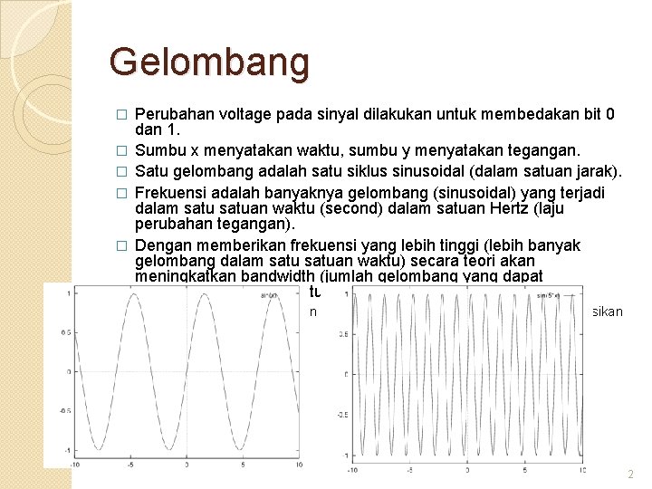 Gelombang � � � Perubahan voltage pada sinyal dilakukan untuk membedakan bit 0 dan