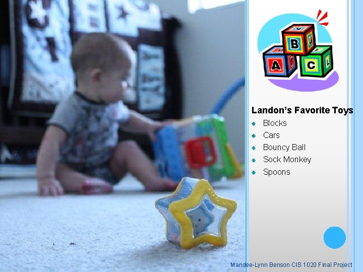 Landon’s Favorite Toys Blocks Cars Bouncy Ball Sock Monkey Spoons Mandee-Lynn Benson CIS 1020