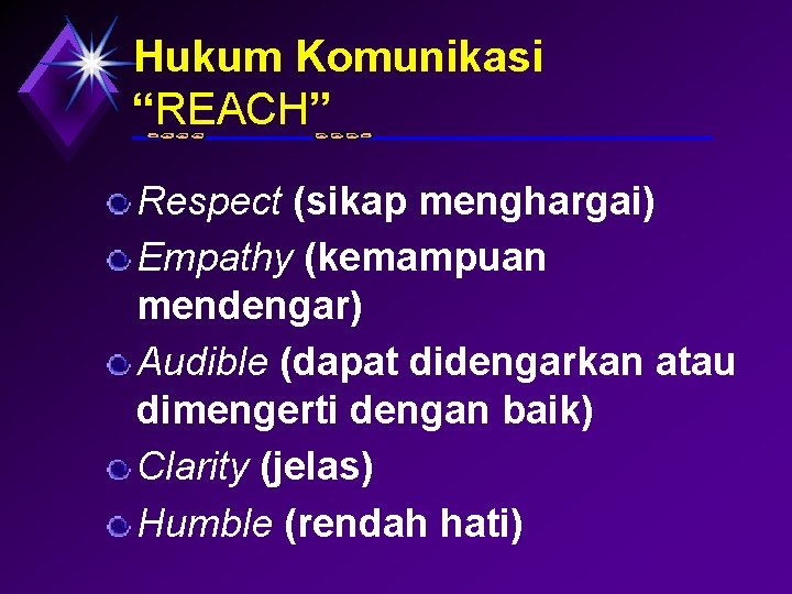 Hukum Komunikasi “REACH” Respect (sikap menghargai) Empathy (kemampuan mendengar) Audible (dapat didengarkan atau dimengerti