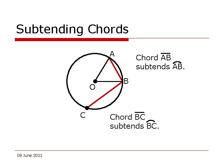 Subtending Chords A O C 08 June 2021 Chord AB subtends AB. B Chord