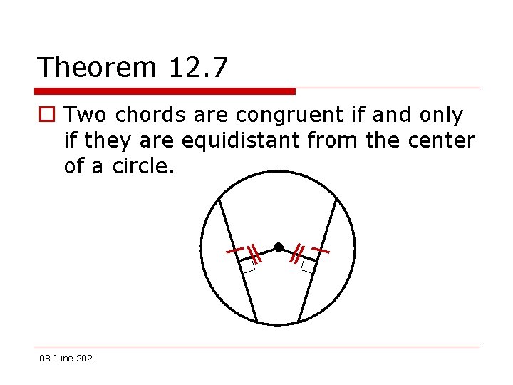 Theorem 12. 7 o Two chords are congruent if and only if they are