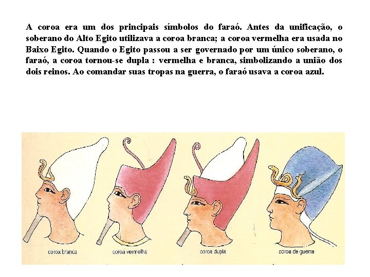 A coroa era um dos principais símbolos do faraó. Antes da unificação, o soberano