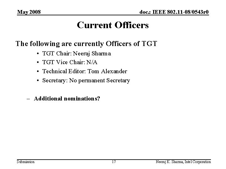 May 2008 doc. : IEEE 802. 11 -08/0543 r 0 Current Officers The following