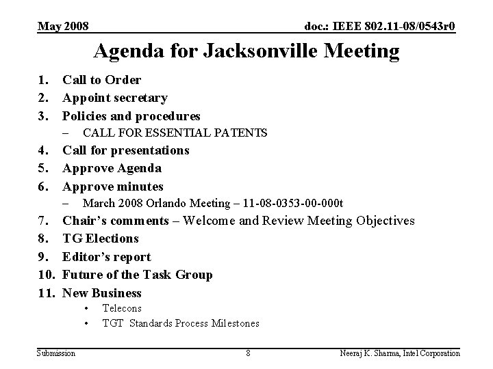 May 2008 doc. : IEEE 802. 11 -08/0543 r 0 Agenda for Jacksonville Meeting
