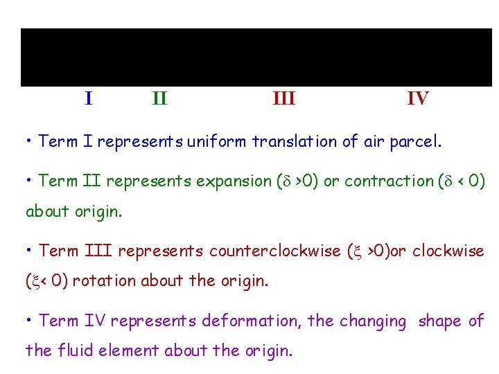 I II IV • Term I represents uniform translation of air parcel. • Term