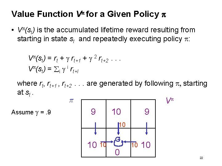 Value Function Vp for a Given Policy p • Vp(st) is the accumulated lifetime