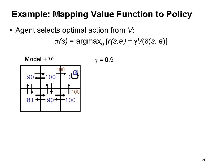 Example: Mapping Value Function to Policy • Agent selects optimal action from V: p(s)