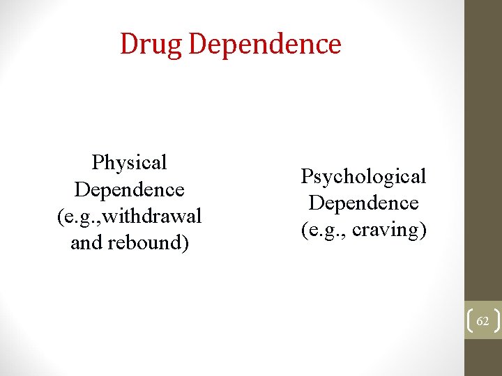 Drug Dependence Physical Dependence (e. g. , withdrawal and rebound) Psychological Dependence (e. g.