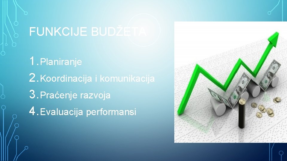 FUNKCIJE BUDŽETA 1. Planiranje 2. Koordinacija i komunikacija 3. Praćenje razvoja 4. Evaluacija performansi