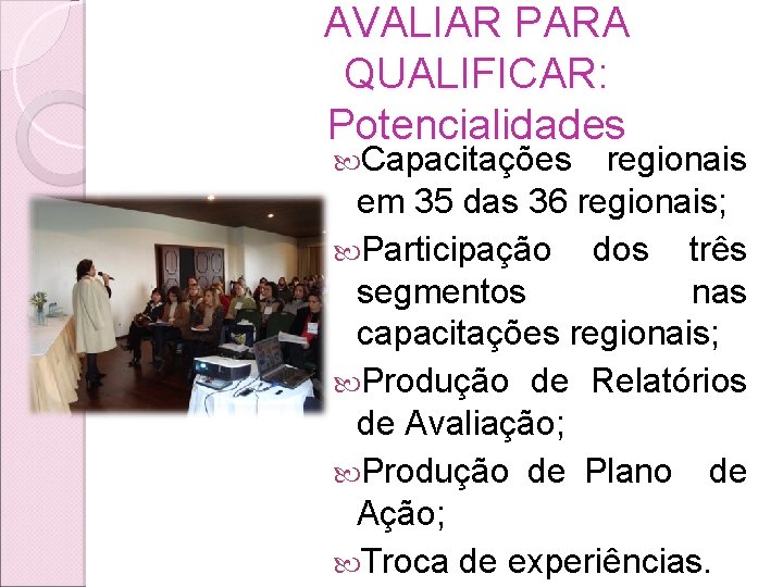 AVALIAR PARA QUALIFICAR: Potencialidades Capacitações regionais em 35 das 36 regionais; Participação dos três