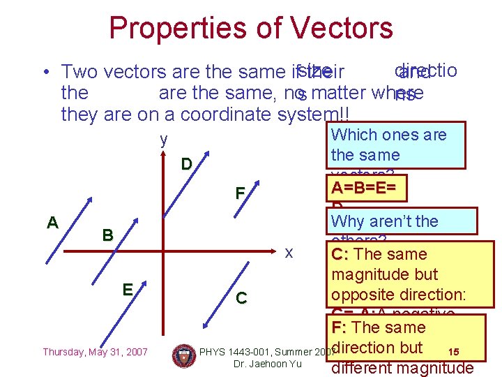 Properties of Vectors directio • Two vectors are the same ifsize their and the