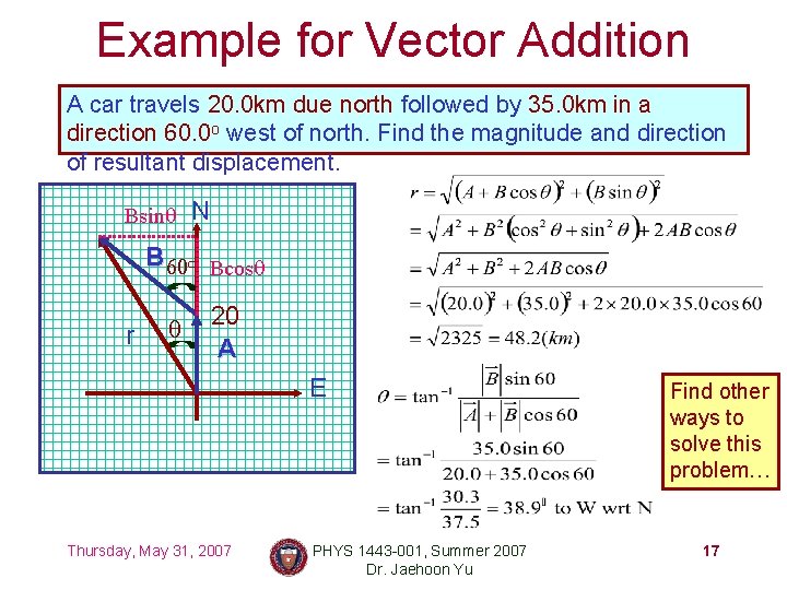 Example for Vector Addition A car travels 20. 0 km due north followed by