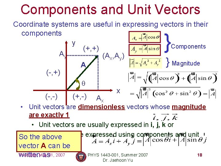 Components and Unit Vectors Coordinate systems are useful in expressing vectors in their components