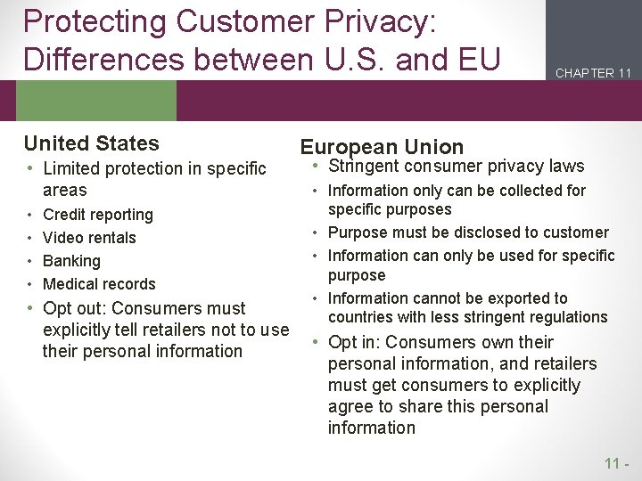 Protecting Customer Privacy: Differences between U. S. and EU United States • Limited protection