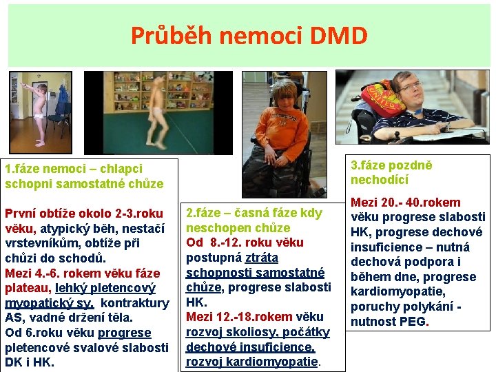 Průběh nemoci DMD 3. fáze pozdně nechodící 1. fáze nemoci – chlapci schopni samostatné