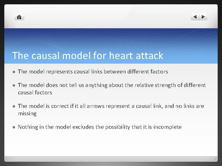 The causal model for heart attack l The model represents causal links between different