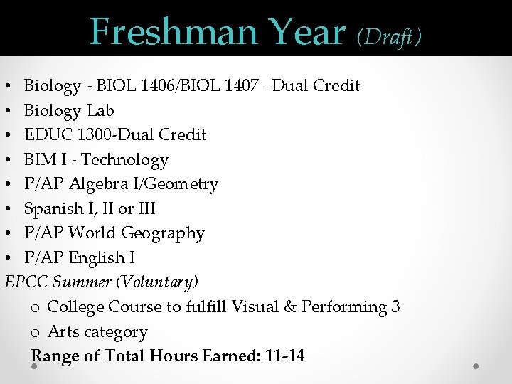 Freshman Year (Draft) • Biology - BIOL 1406/BIOL 1407 –Dual Credit • Biology Lab