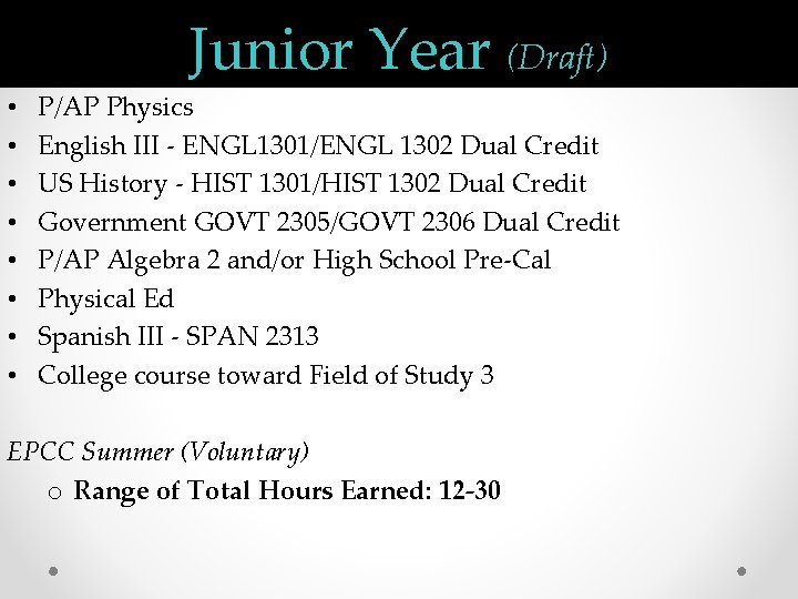 Junior Year (Draft) • • P/AP Physics English III - ENGL 1301/ENGL 1302 Dual
