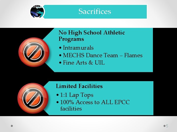 Sacrifices No High School Athletic Programs • Intramurals • MECHS Dance Team – Flames