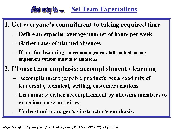 Set Team Expectations 1. Get everyone’s commitment to taking required time – Define an