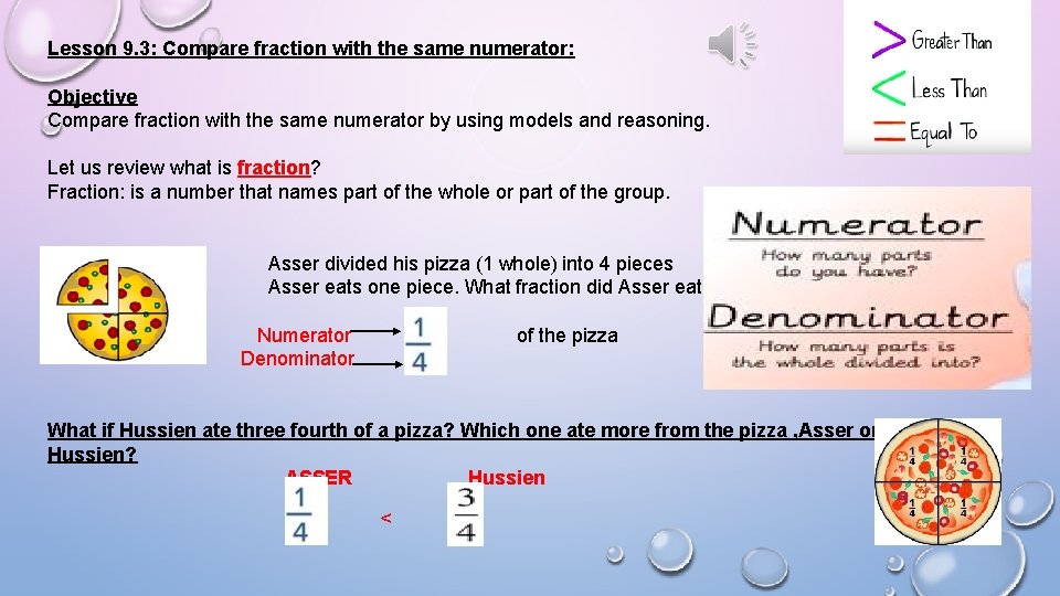 Lesson 9. 3: Compare fraction with the same numerator: Objective Compare fraction with the