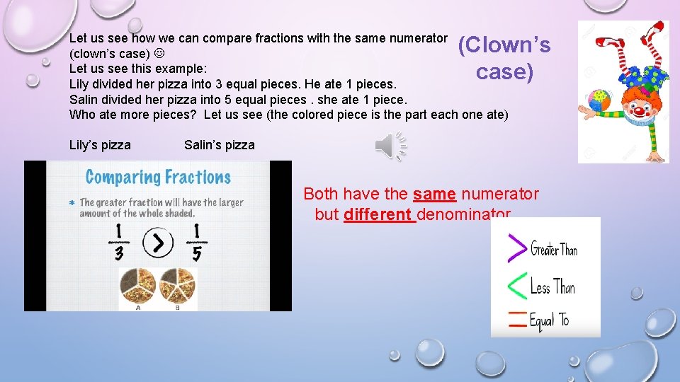 Let us see how we can compare fractions with the same numerator (clown’s case)
