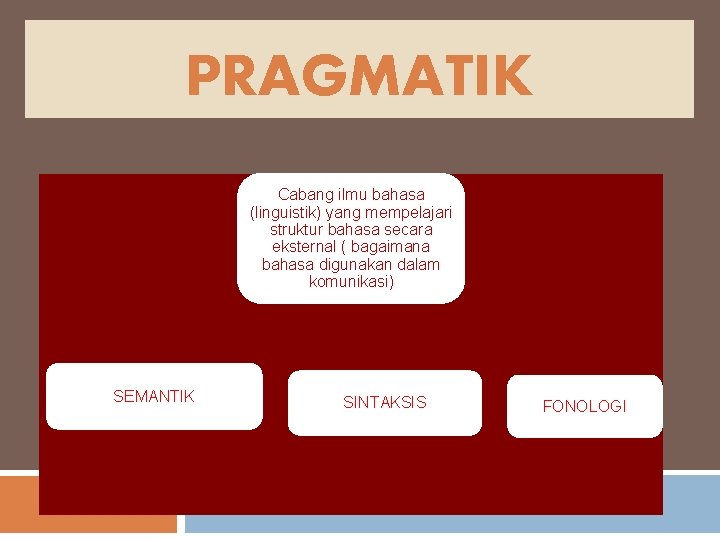 PRAGMATIK Cabang ilmu bahasa (linguistik) yang mempelajari struktur bahasa secara eksternal ( bagaimana bahasa