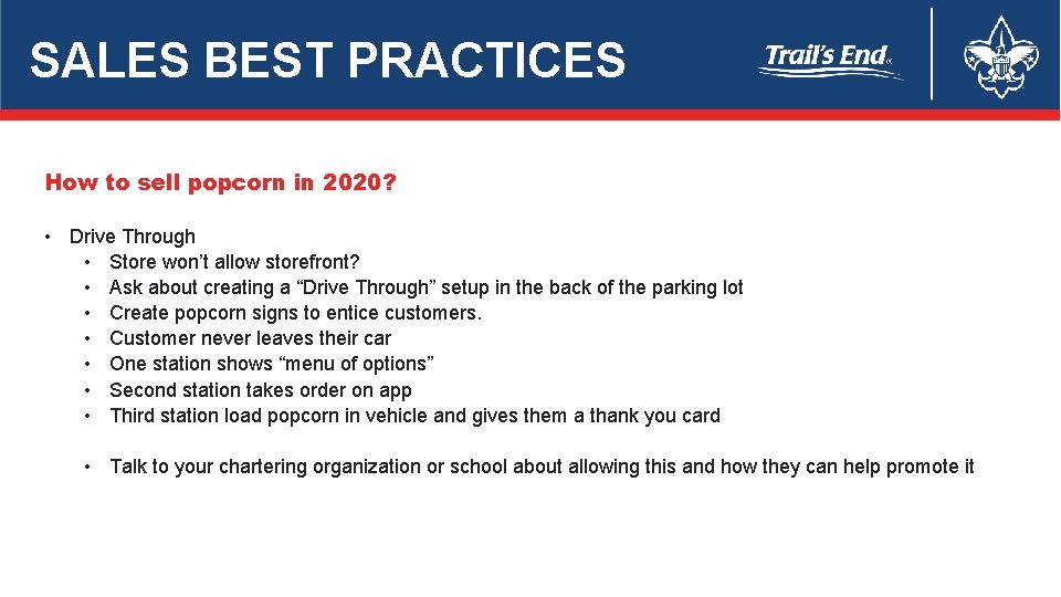 SALES BEST PRACTICES How to sell popcorn in 2020? • Drive Through • Store