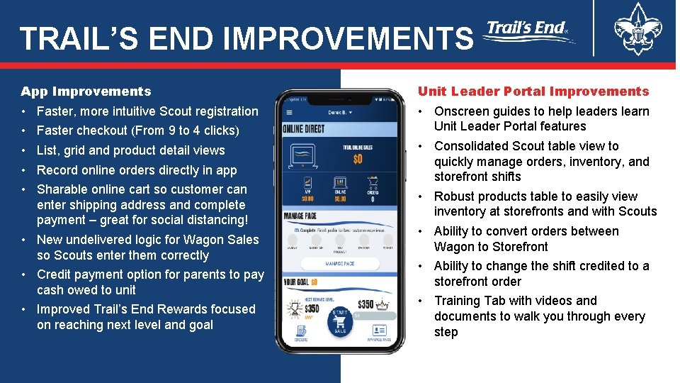 TRAIL’S END IMPROVEMENTS App Improvements Unit Leader Portal Improvements • • • Onscreen guides