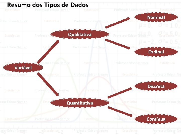 Resumo dos Tipos de Dados Nominal Qualitativa Ordinal Variável Discreta Quantitativa Contínua 