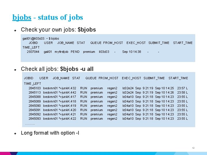 bjobs - status of jobs ● Check your own jobs: $bjobs gail 01@li 03