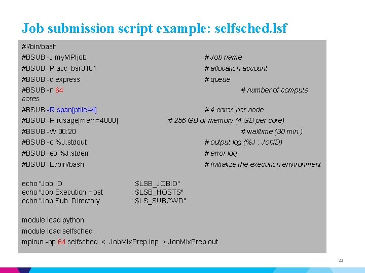 Job submission script example: selfsched. lsf #!/bin/bash #BSUB -J my. MPIjob # Job name